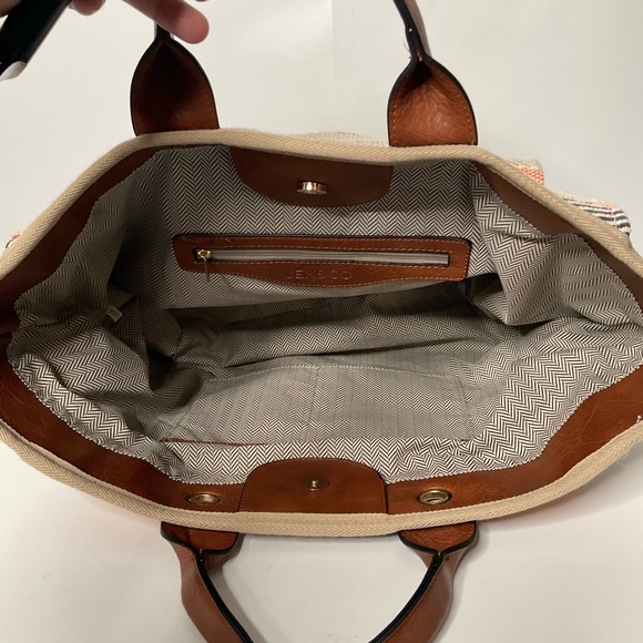 Jen & Co Woven Patterned Cotton Peach Cream Grey Striped Tote Bag Lined Interior - Picture 11 of 15